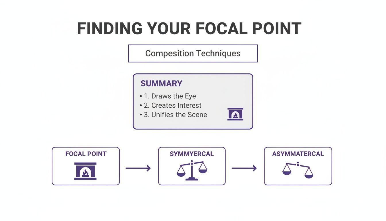 A diagram explaining focal points and composition techniques, showing symmetrical and asymmetrical balance concepts.