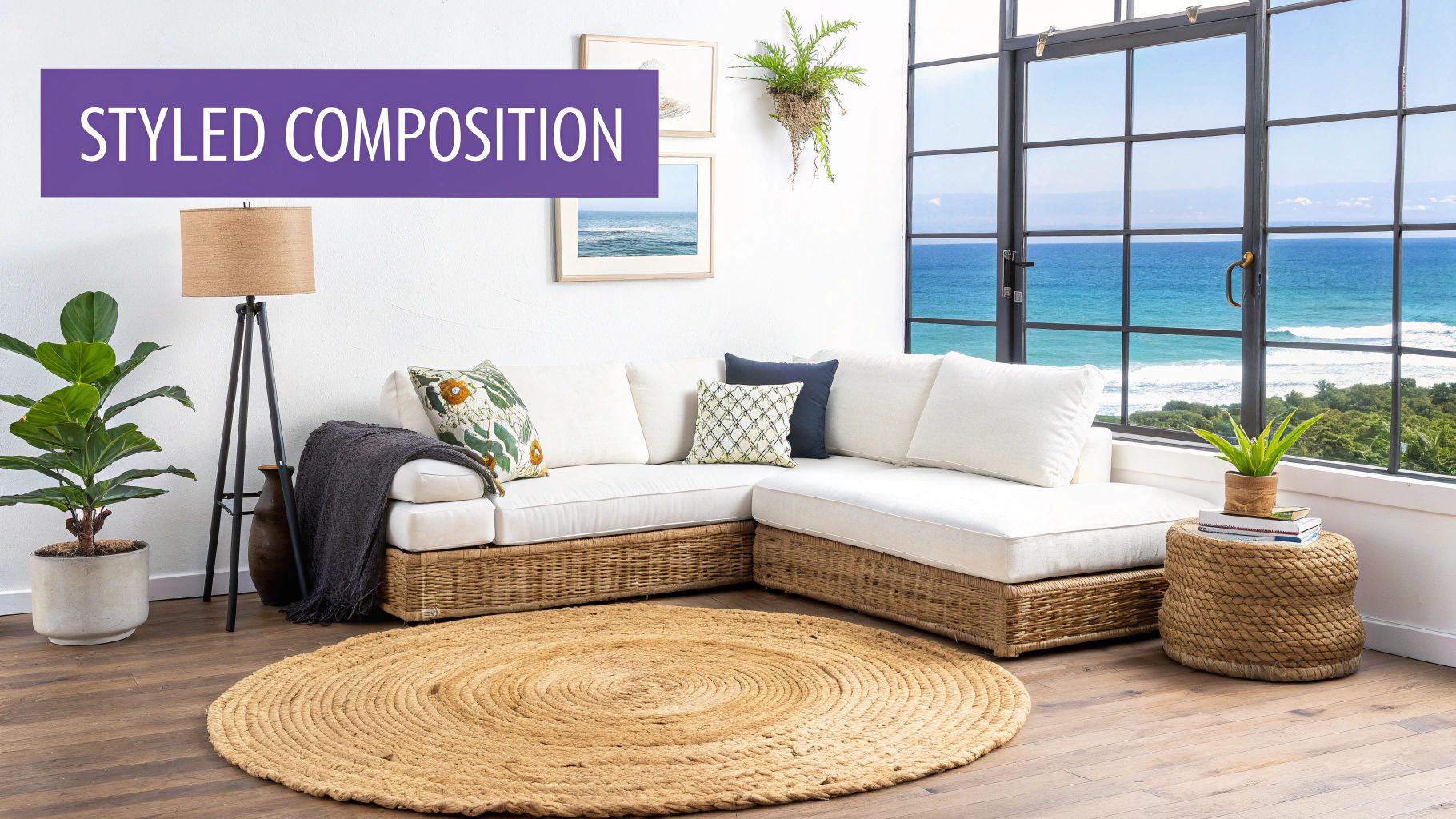 A stylish coastal living room featuring a wicker sofa, round rug, plants, and a stunning ocean view.