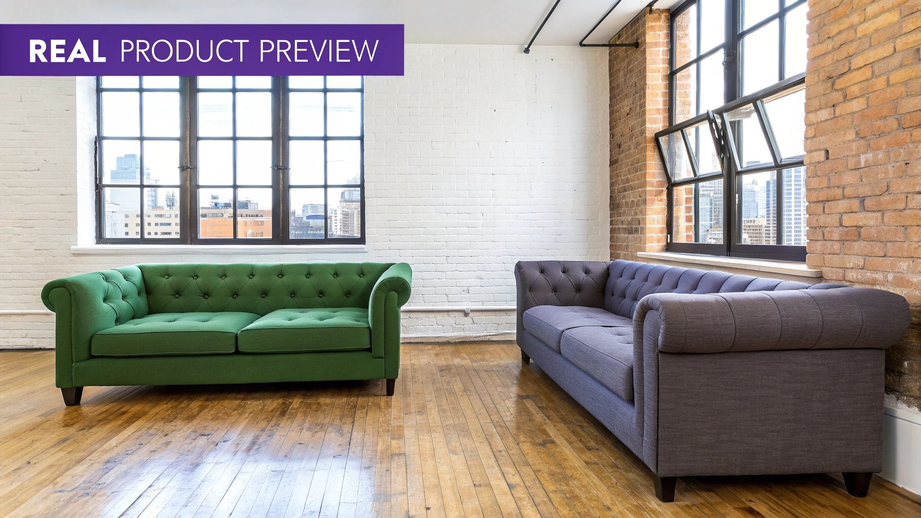 Two elegant tufted sofas, one green and one grey, in a bright industrial loft with large windows.