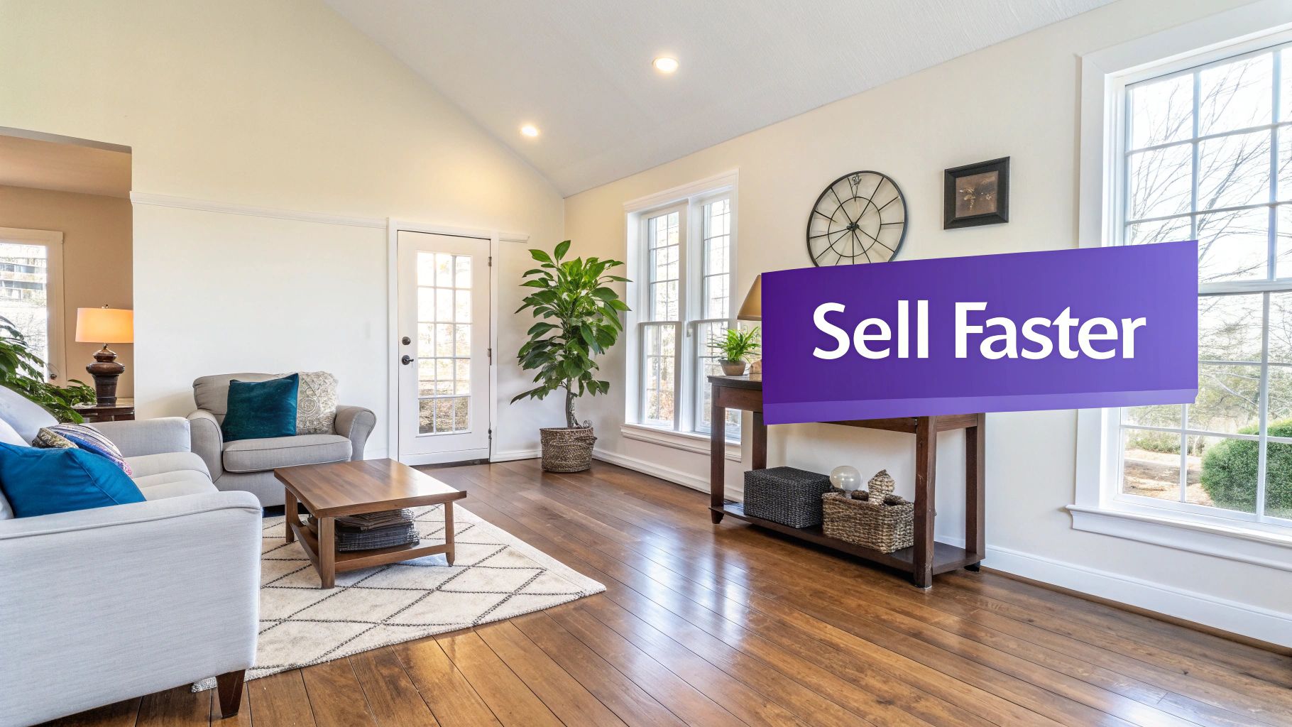 A modern living room with light walls, hardwood floors, a gray couch, and an armchair, featuring large windows.
