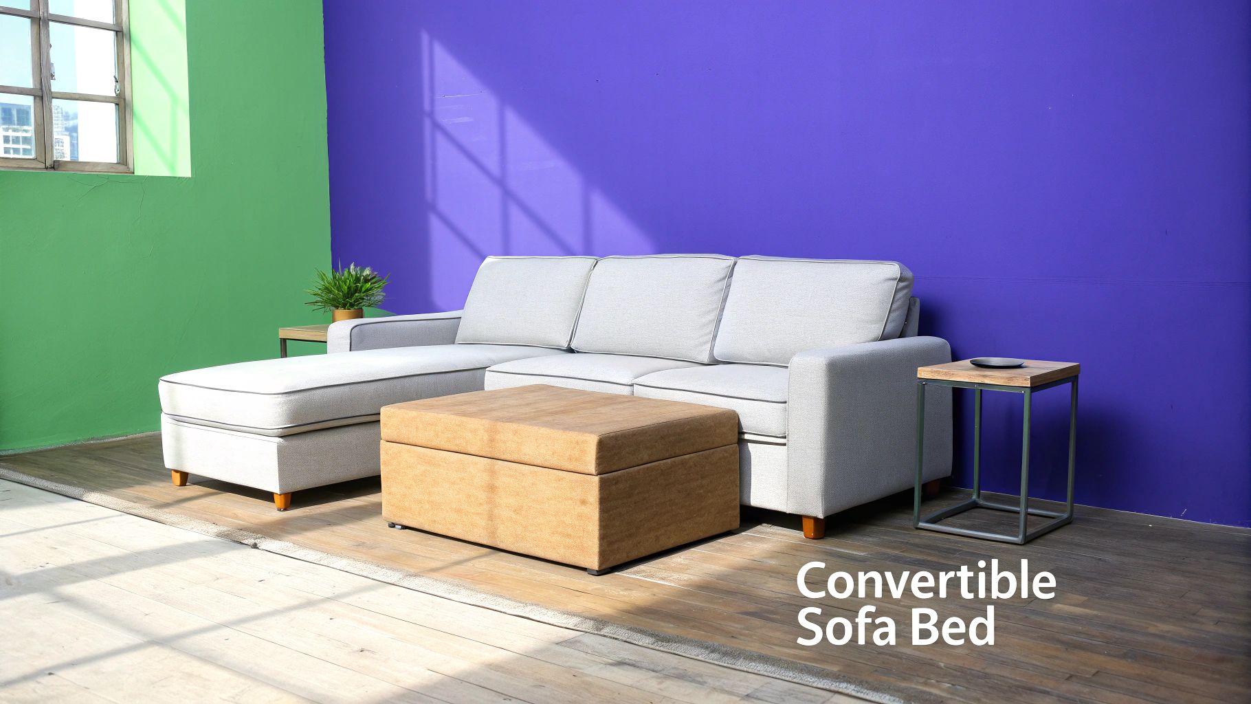 A modern grey L-shaped convertible sofa bed in a vibrant room with green and purple walls.