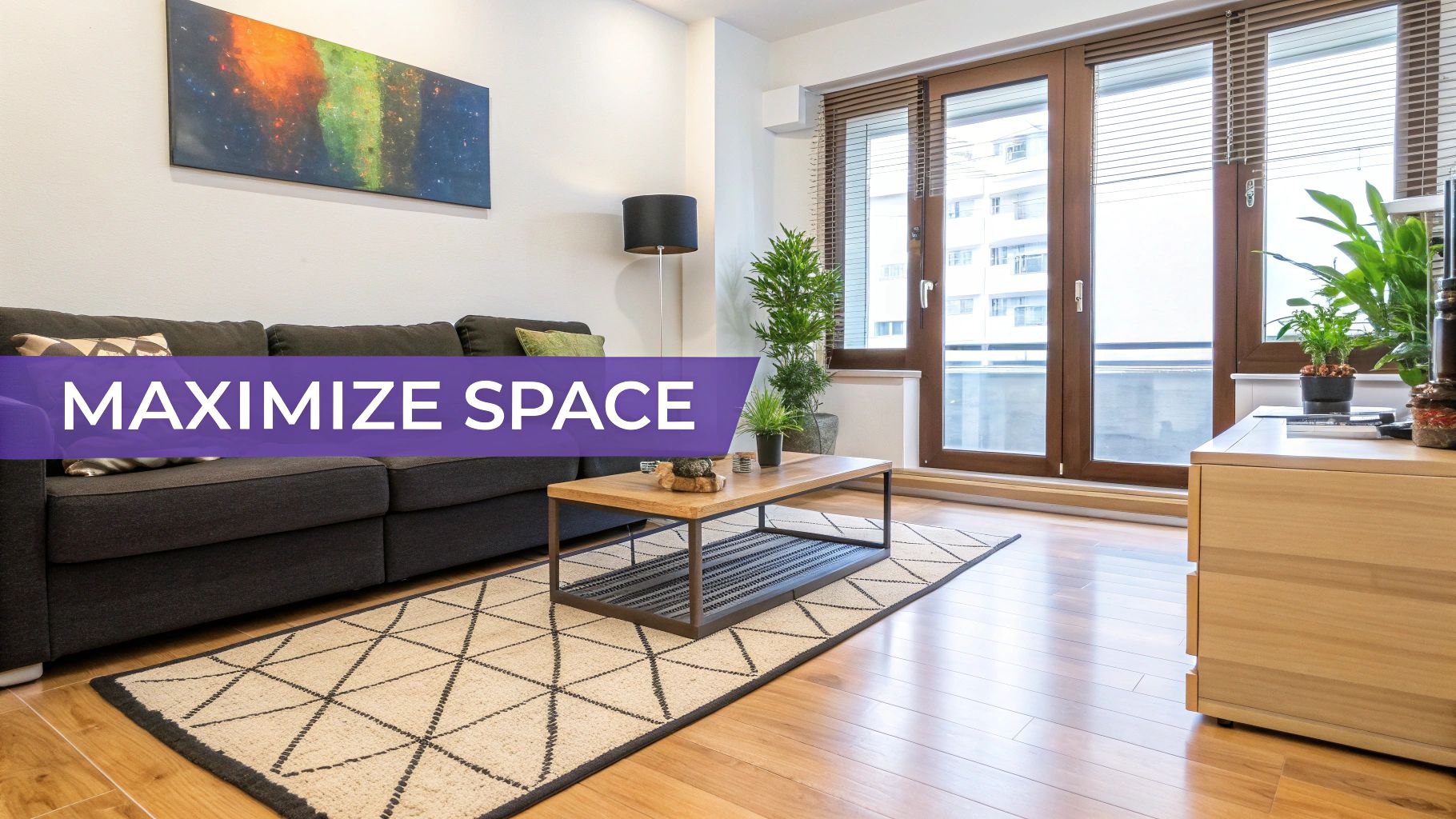 A modern living room with a gray sofa, wooden coffee table, and large windows, optimized for space.
