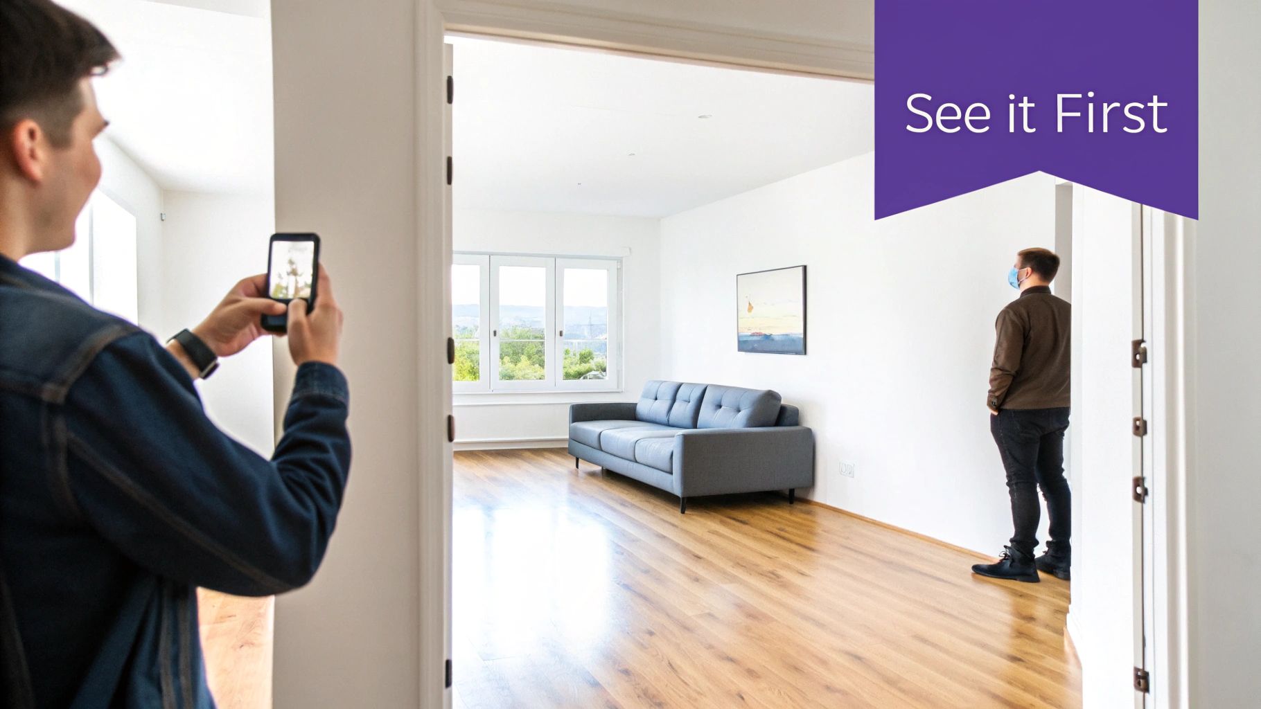 A modern living room with a large sofa, art on the wall, and ample natural light, illustrating a space ready for virtual furniture arrangement.