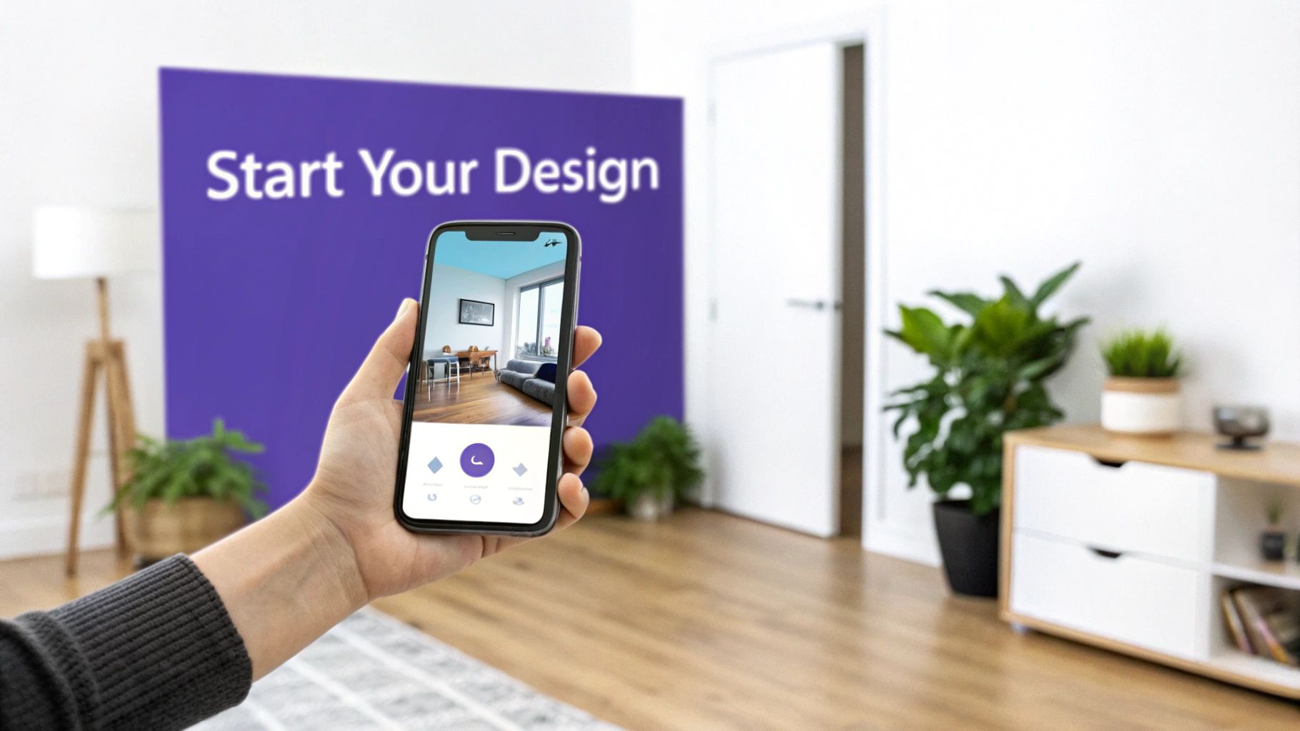 Hand holding smartphone running an augmented reality app, virtually designing a room with a blue ceiling.