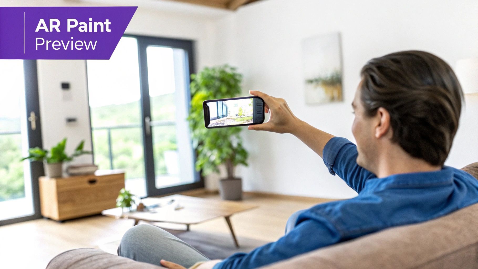 Man uses smartphone AR app to preview paint colors in a modern living room.