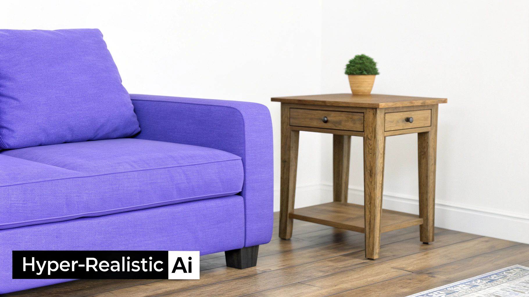 A modern home interior scene with a purple sofa, a wooden end table, and a small plant.