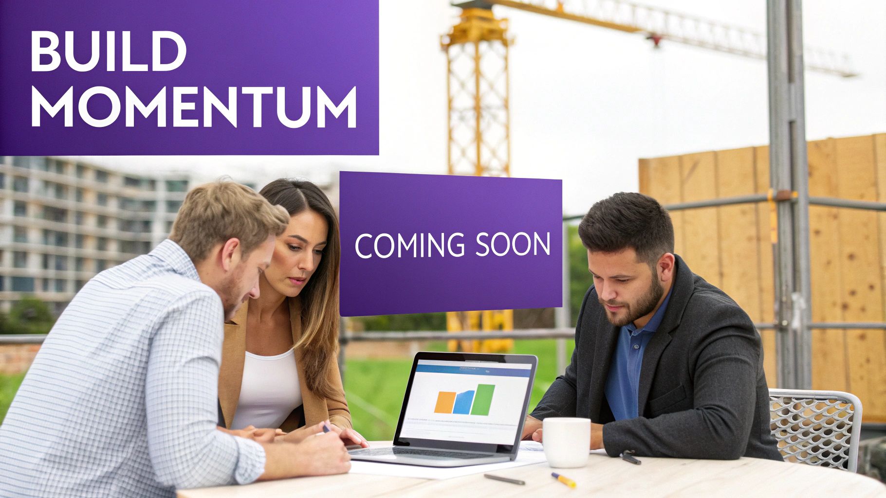 Three business professionals review data on a laptop outdoors, with a construction site in the background.