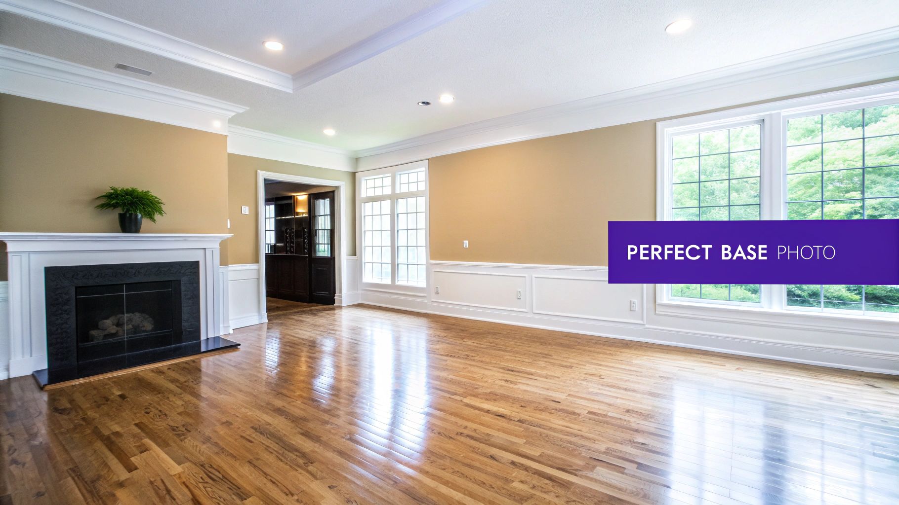 Bright and spacious empty room featuring warm beige walls, hardwood floors, a fireplace, and large windows.