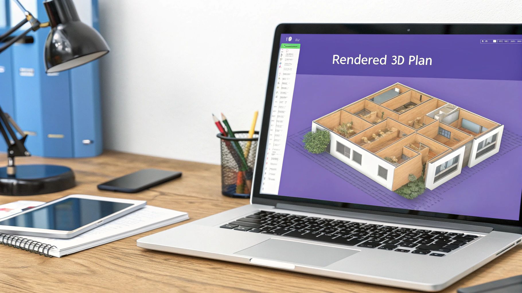 A hyper-realistic rendered floor plan showing a furnished living room from a top-down perspective, with accurate lighting and shadows.