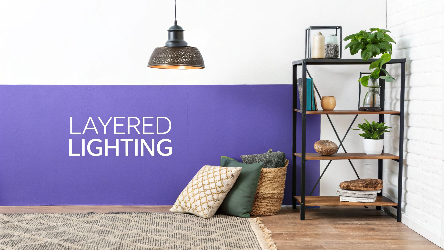 A modern room features a purple wall section, a layered pendant light, a rug, and a decorative shelf.
