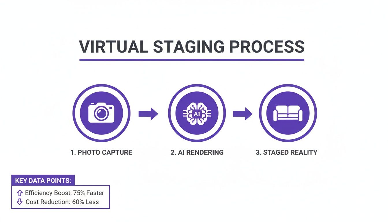 Infographic detailing the virtual staging process with AI, showing steps and benefits like speed and cost savings.