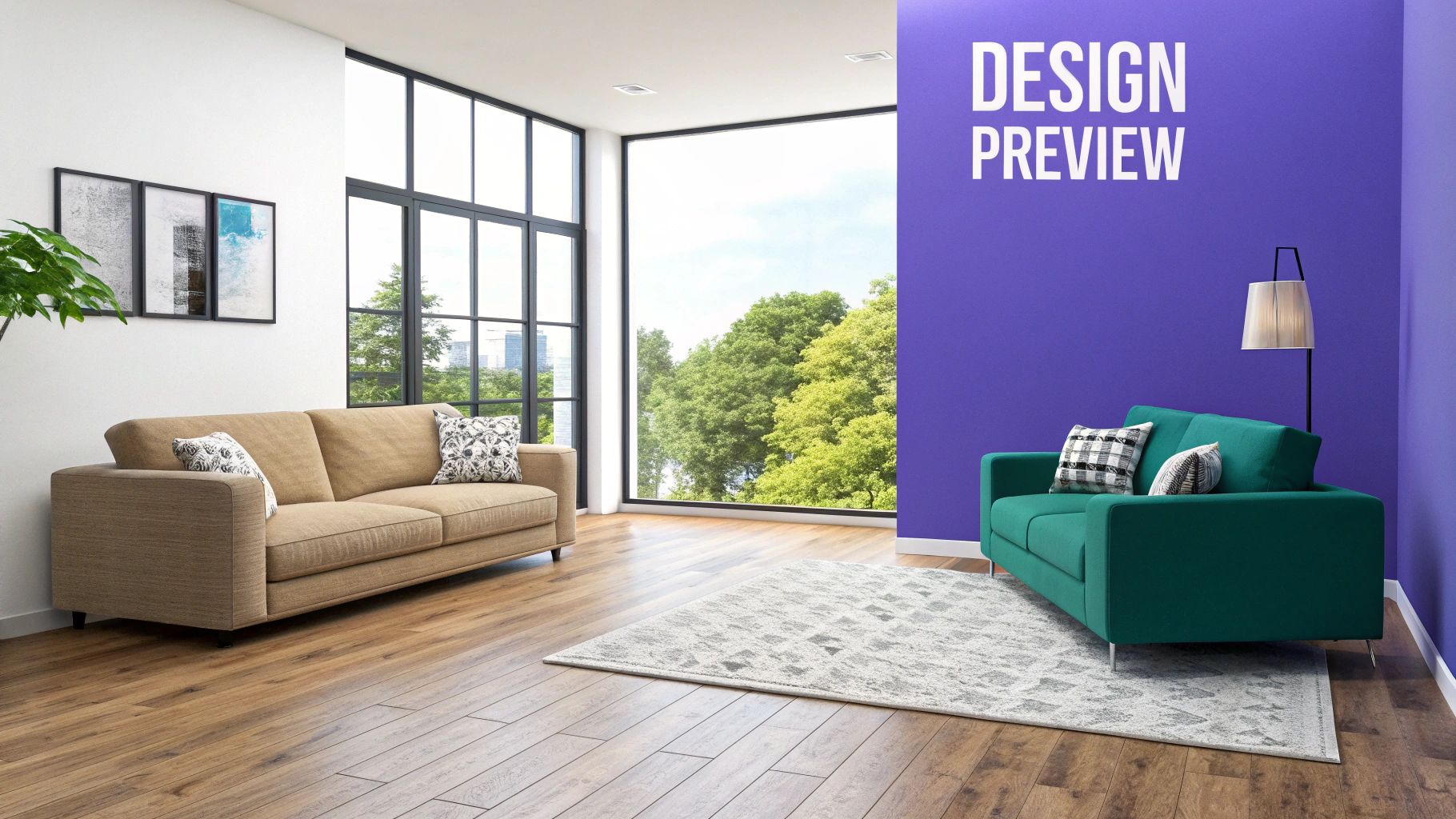 A hyper-realistic 3D rendering of a modern living room created with interior design software, showcasing a sleek sofa and contemporary decor.