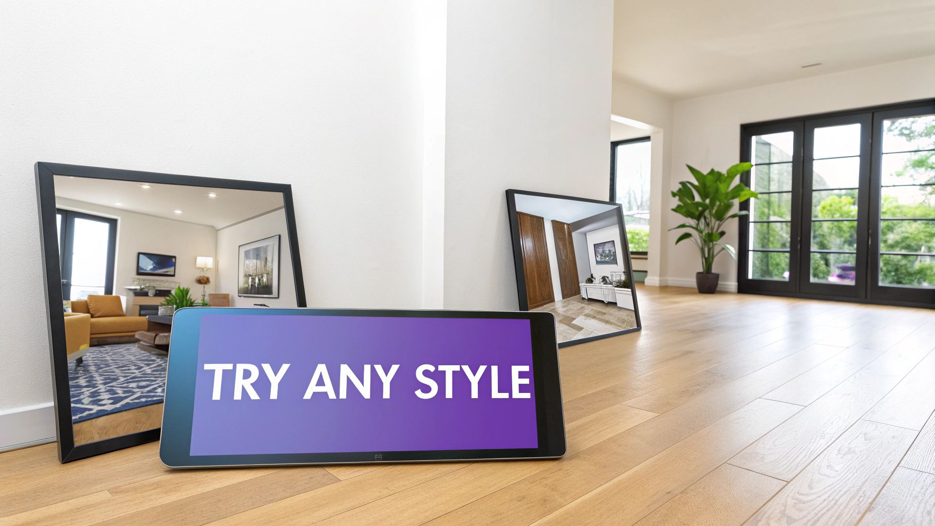 Modern room with mirrors reflecting different home styles and a tablet showing 'TRY ANY STYLE'.