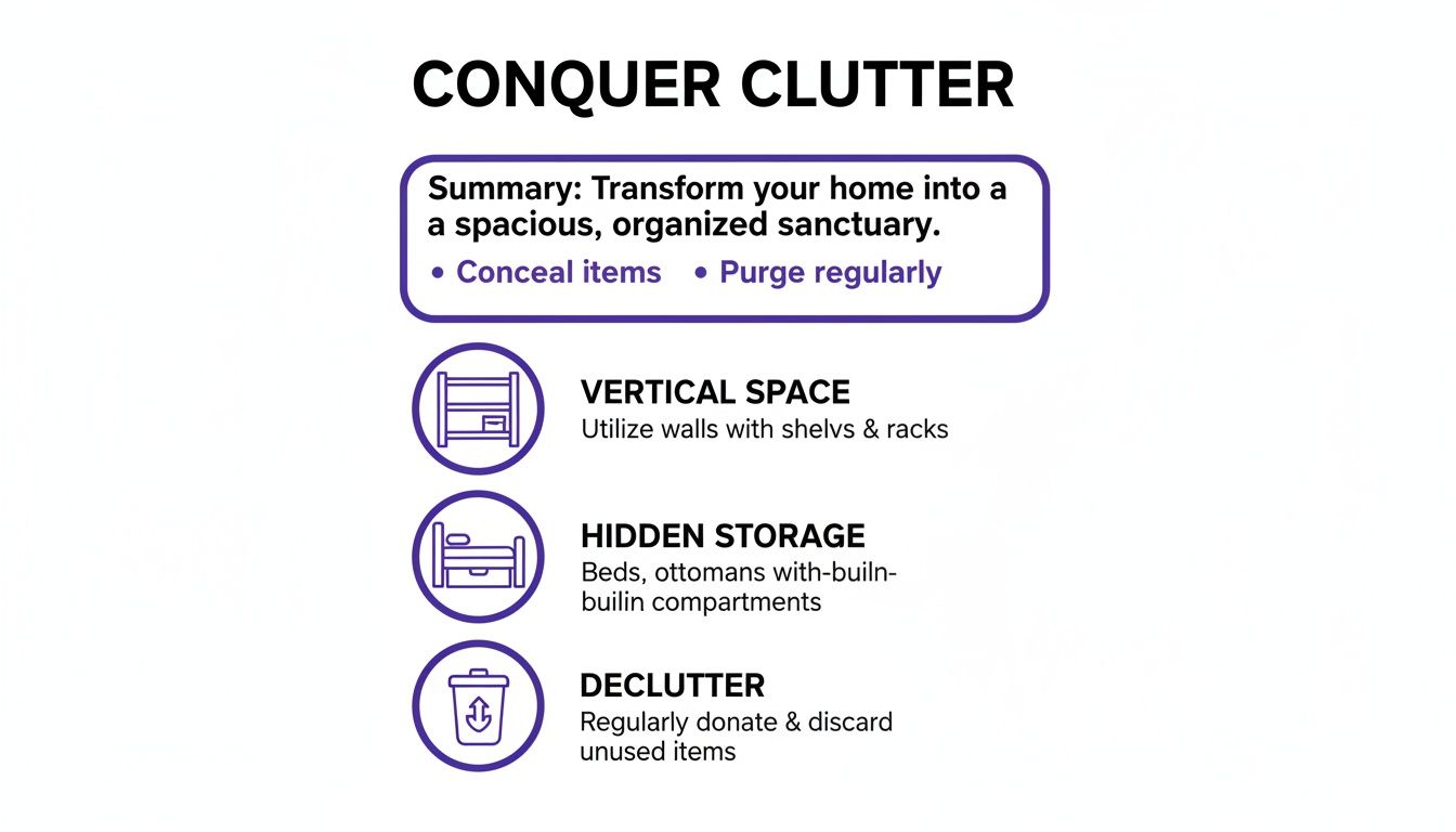 An infographic titled 'Conquer Clutter' providing tips on utilizing vertical space, hidden storage, and decluttering.