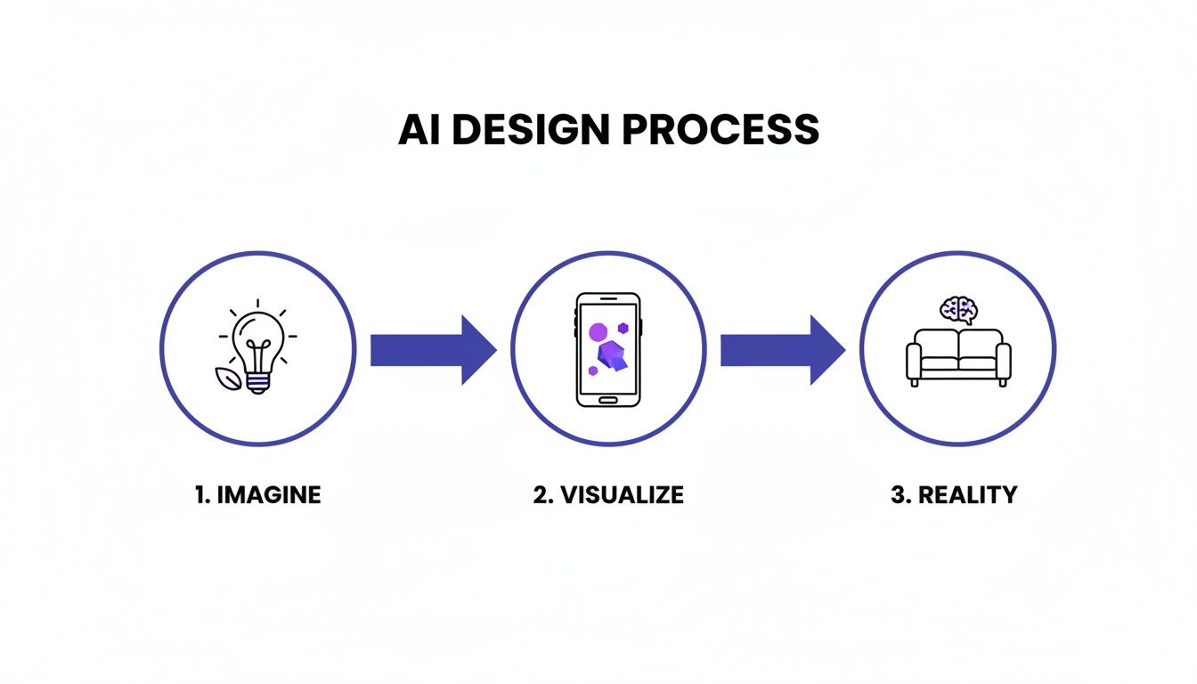 A three-step AI design process infographic: imagine (lightbulb), visualize (app), and reality (AI-enhanced furniture).