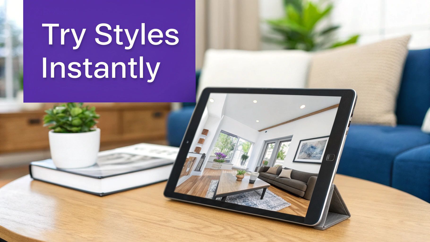 A hyper-realistic AI-generated image of a living room with a newly added sofa.