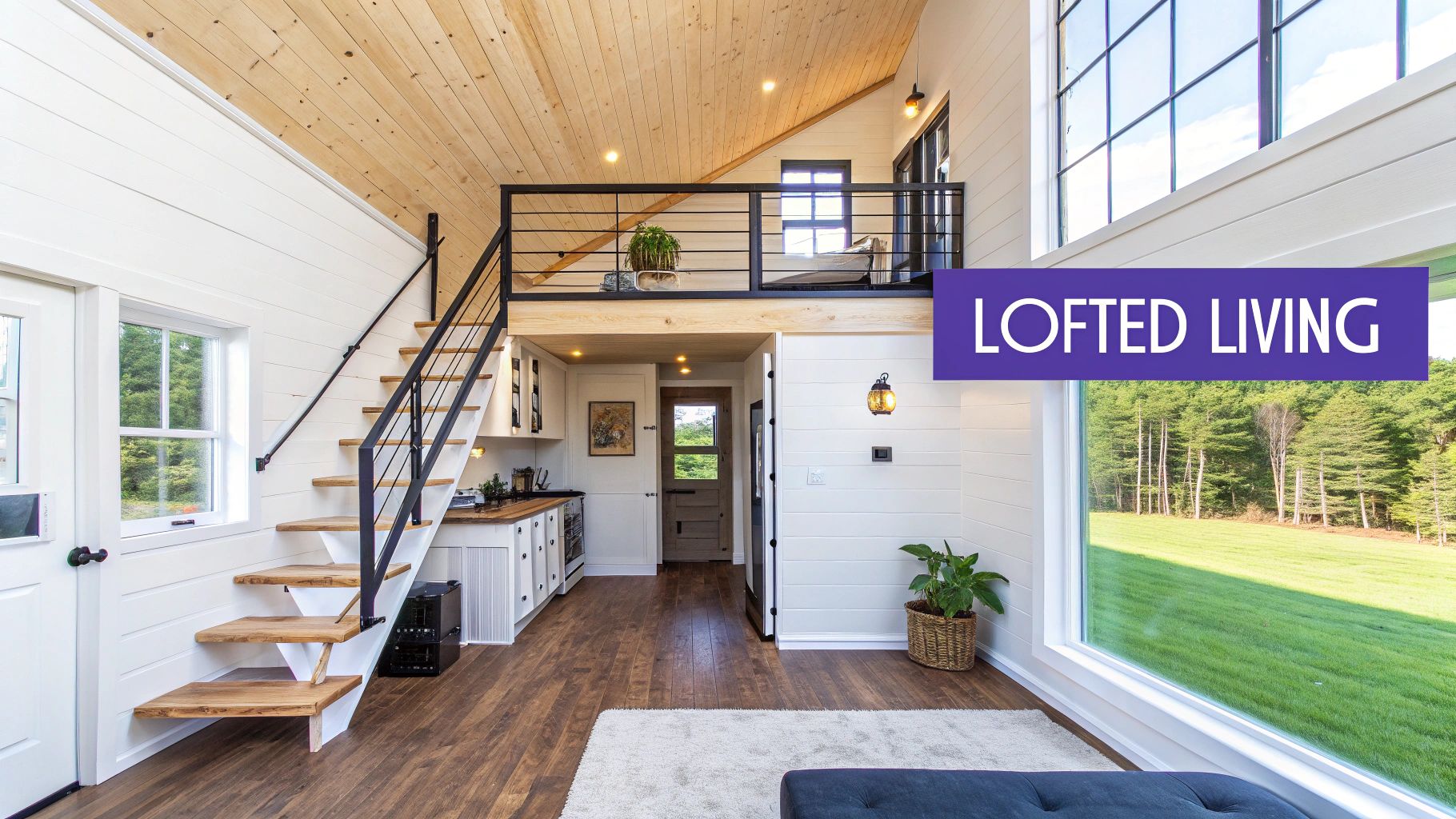 Bright tiny home interior featuring a loft, open-plan living, kitchen, and scenic outdoor view.