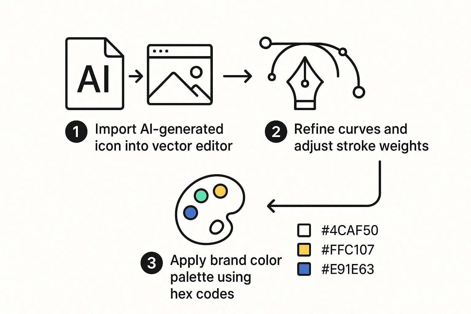 Infographic showing a three-step process: importing an AI icon, refining vector details, and applying brand colors.