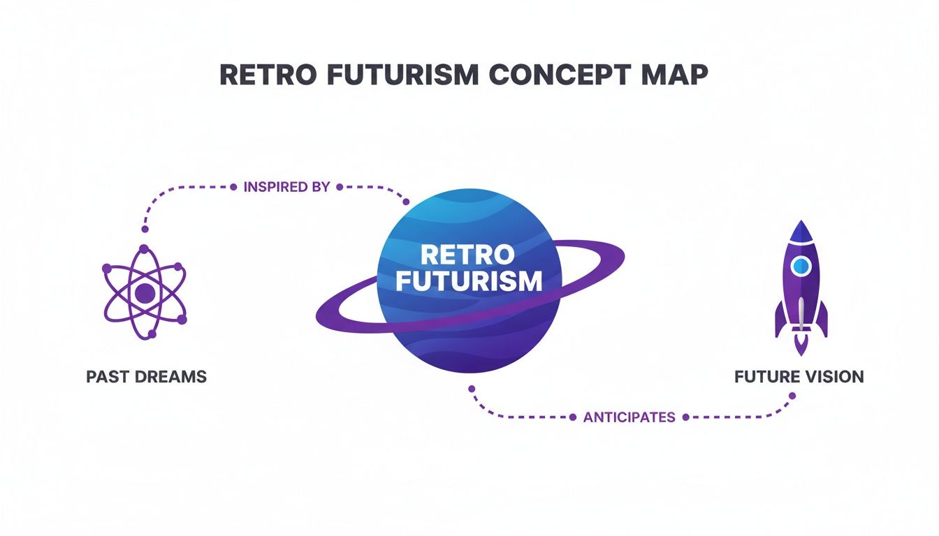 A concept map defining Retro Futurism, inspired by past dreams and anticipating future visions.