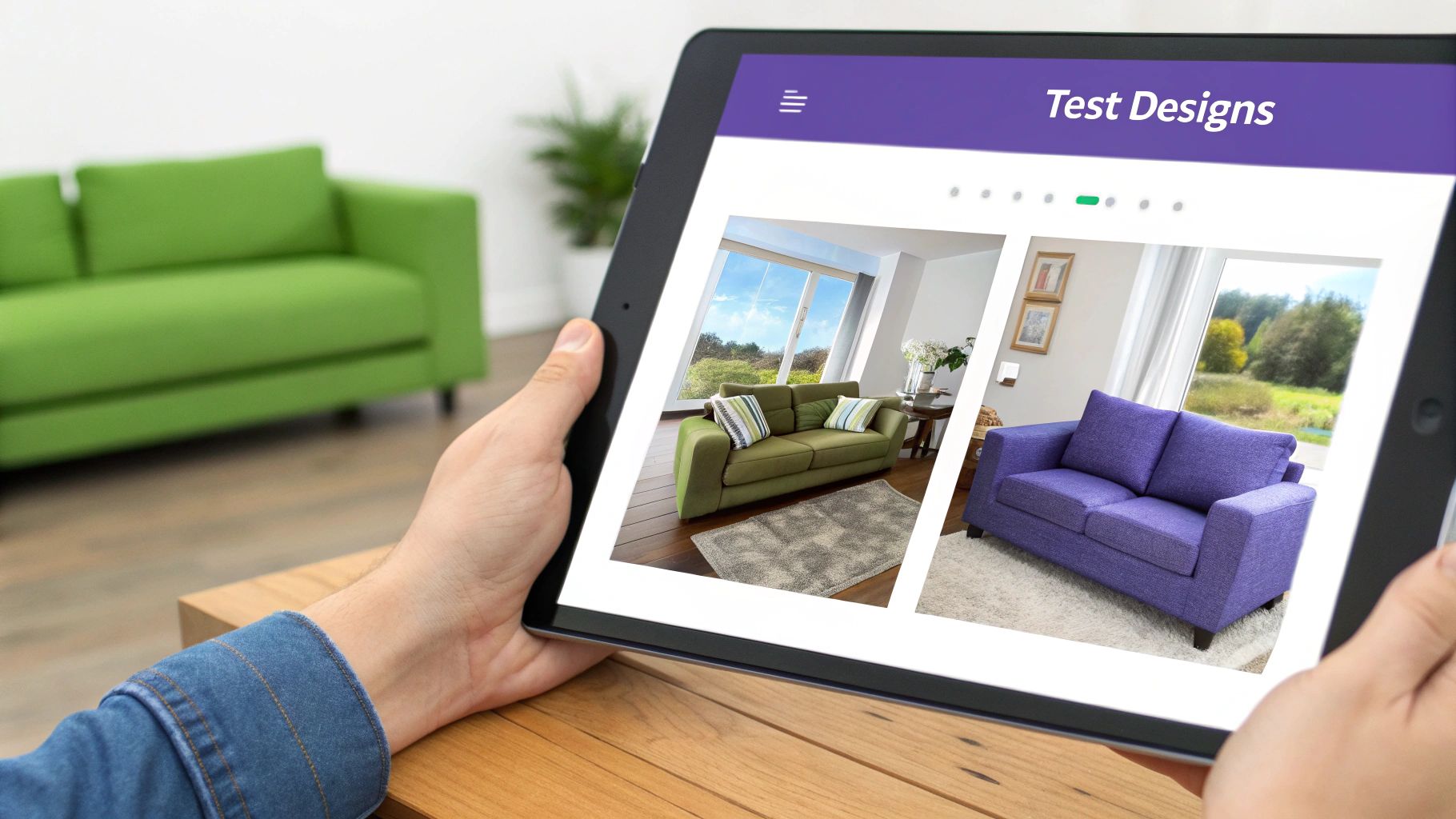 Hands holding a tablet displaying various sofa designs for home decor, with a real green sofa in the background.