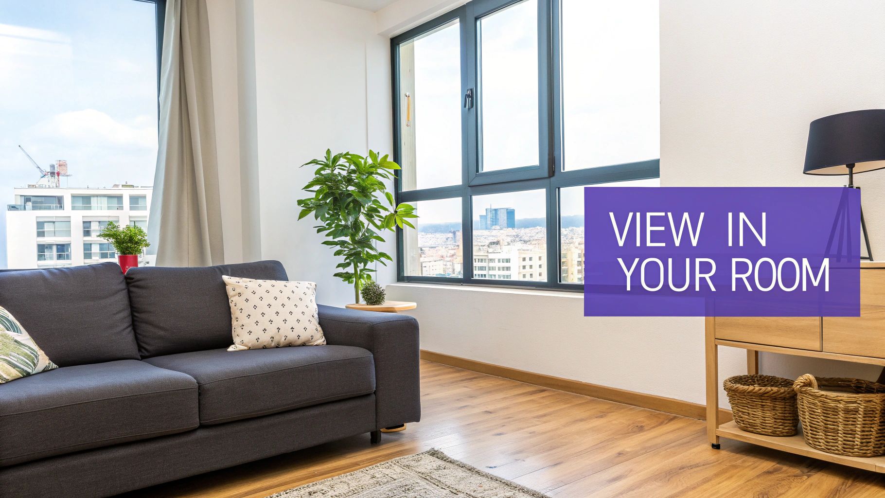 A contemporary living room featuring a grey sofa, large window with a city view, and plants.