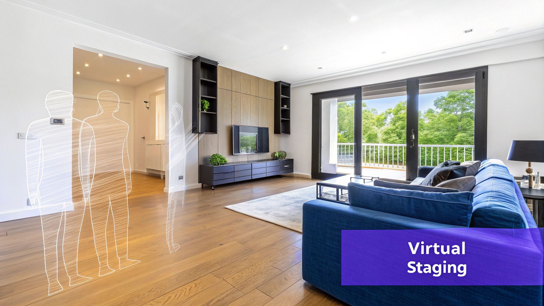 An elegantly furnished modern living room with a large window and natural light, showcasing the results of virtual staging AI.