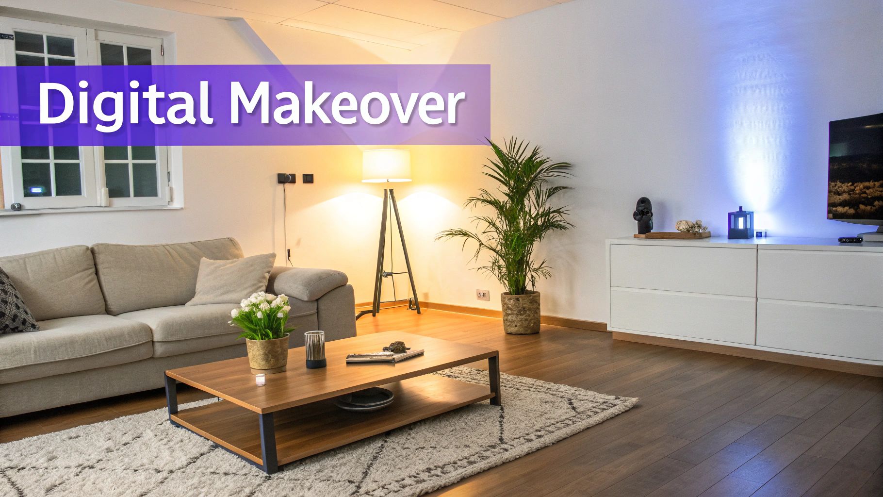 A virtually staged living room showing a stylish sofa and decor.