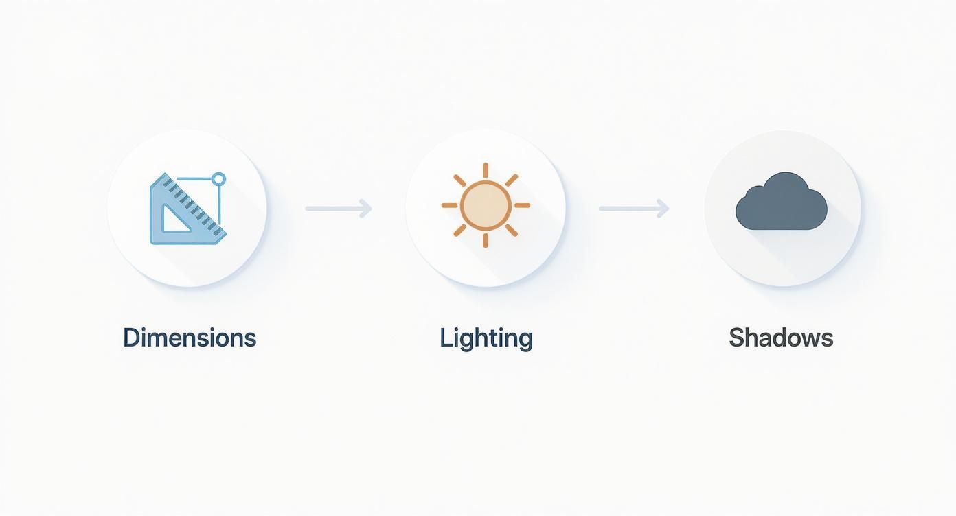 Infographic showing a workflow: measuring dimensions, applying lighting, and generating shadows.