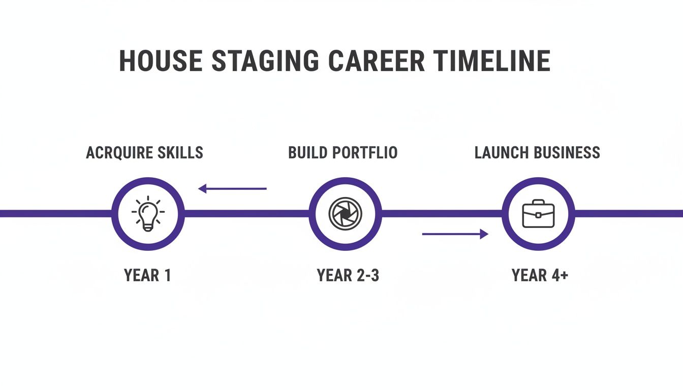 A house staging career timeline showing steps from acquiring skills, building a portfolio, and launching a business.