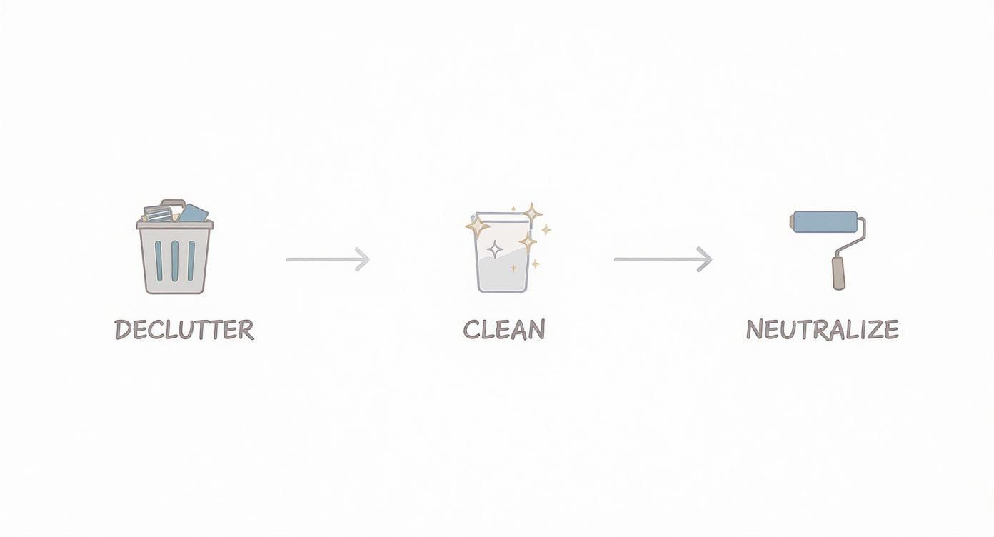 Three-step home preparation process showing declutter, clean, and neutralize stages with icons