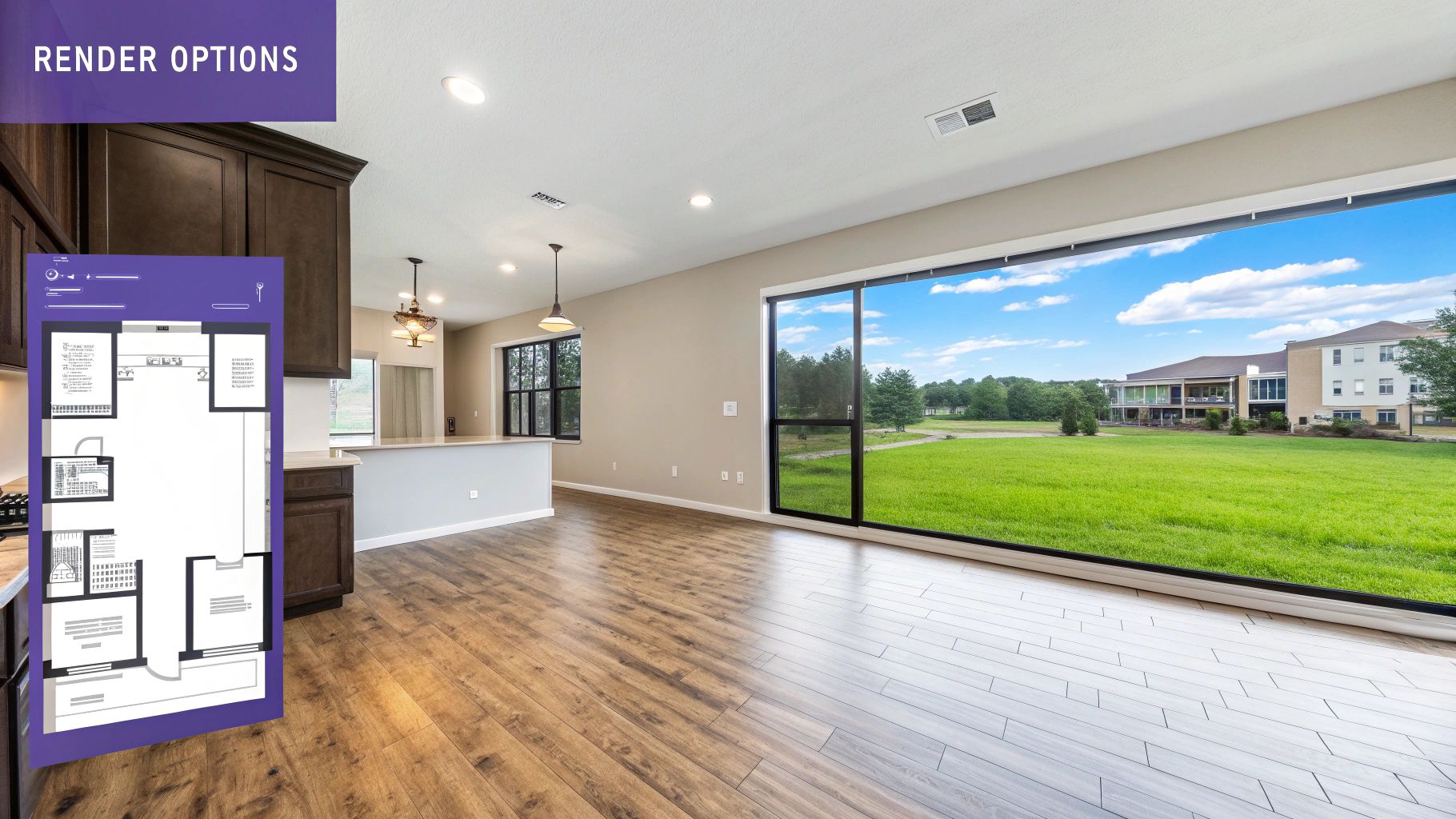 Modern open-plan living space with dark wood cabinets, large window, and floor plan overlay.