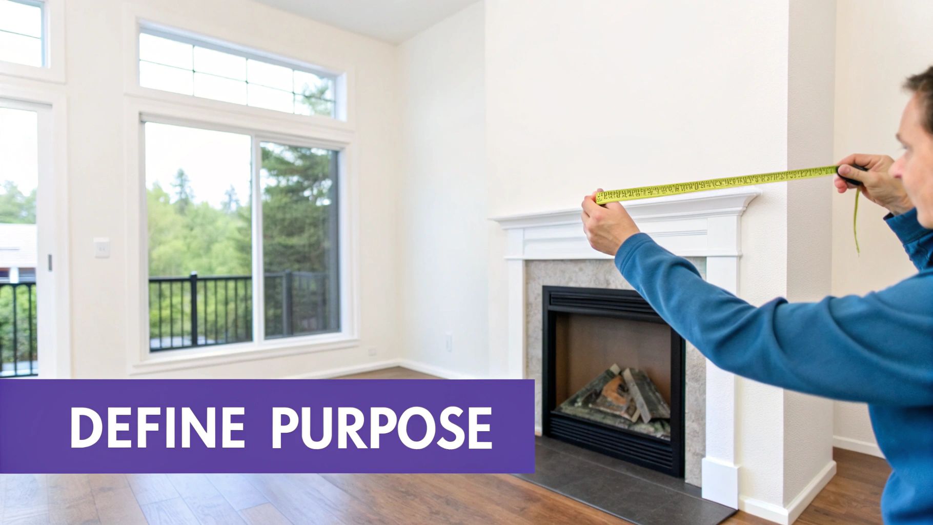 A cozy, well-arranged living room with a large window and a fireplace, showcasing a defined focal point.