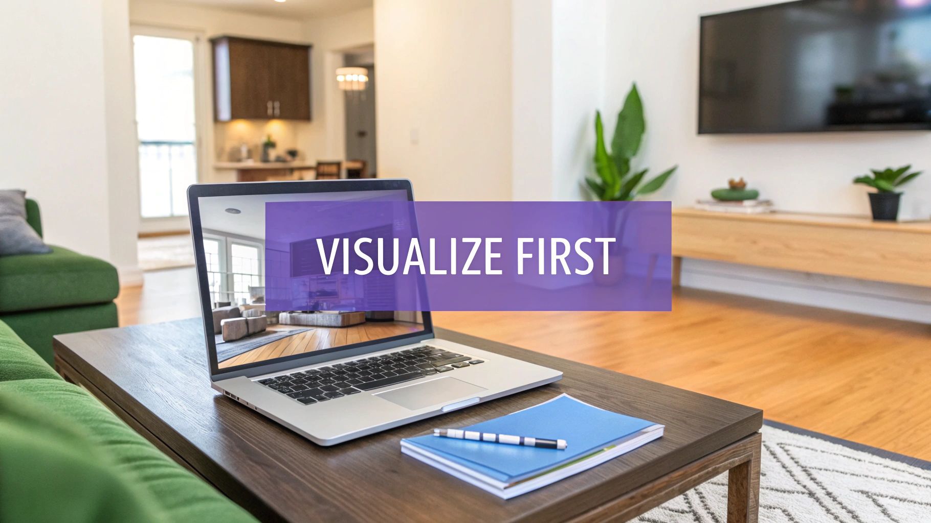 Laptop displaying an interior design visualization in a modern living room with 'VISUALIZE FIRST' text overlay.