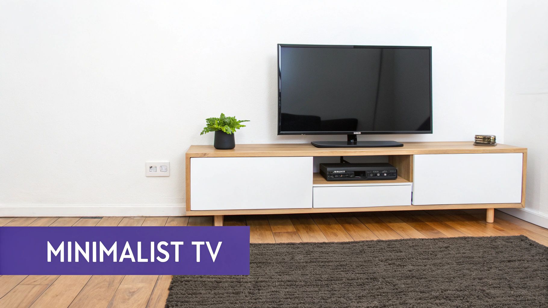 A minimalist living room featuring a TV on a sleek wooden stand, a green plant, and a brown rug.