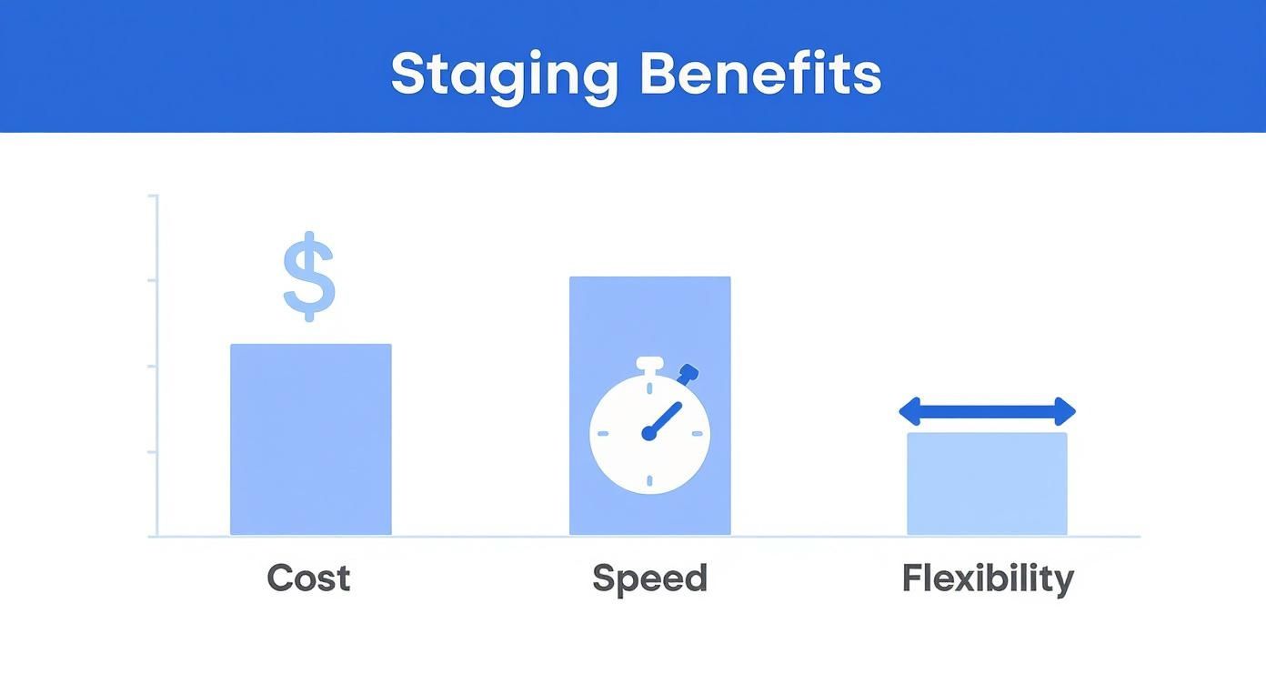 A bar chart illustrating staging benefits: high speed, good cost benefits, and moderate flexibility.