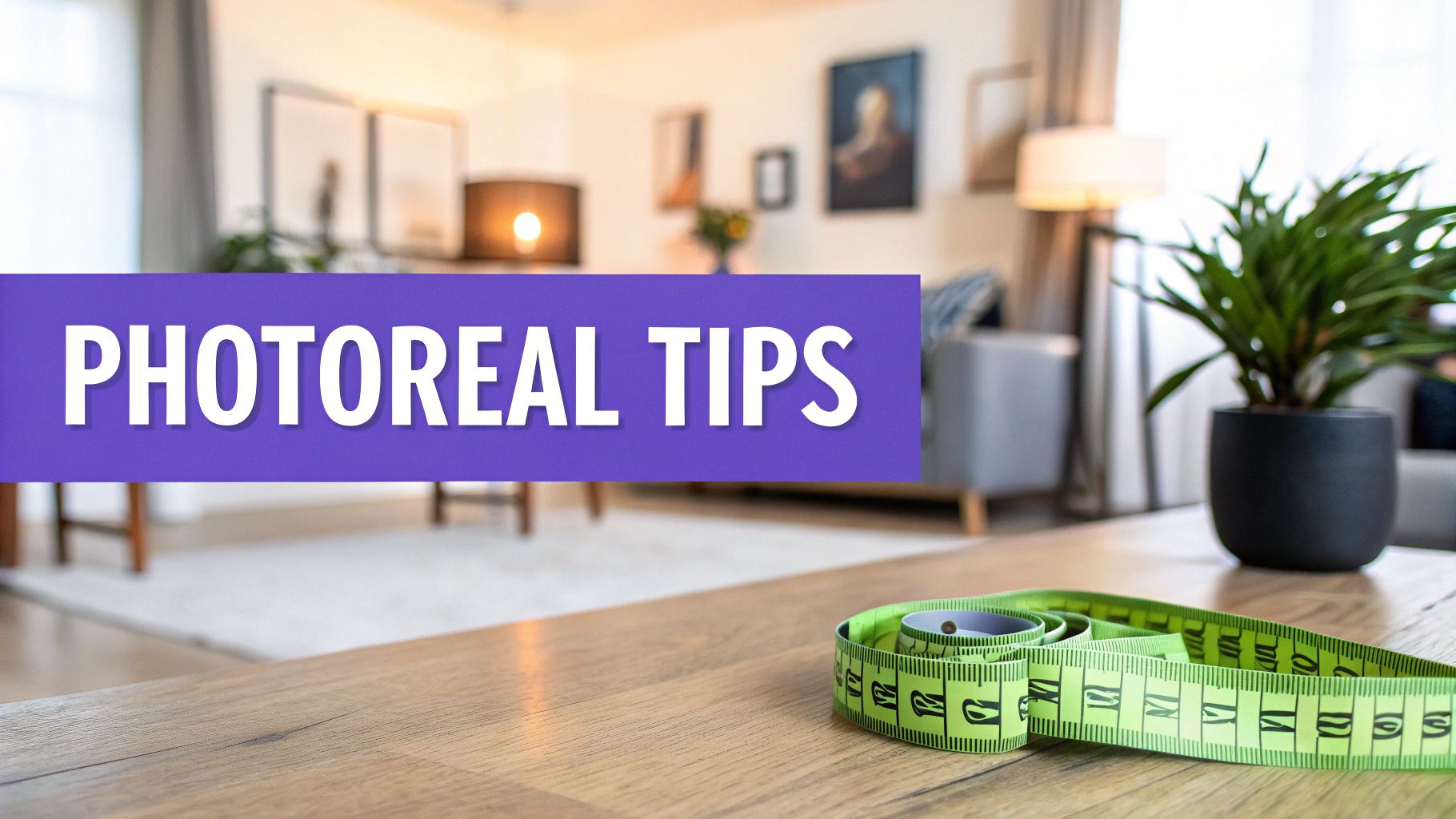 A purple 'PHOTOREAL TIPS' banner in an interior design scene with a measuring tape on a wooden table.