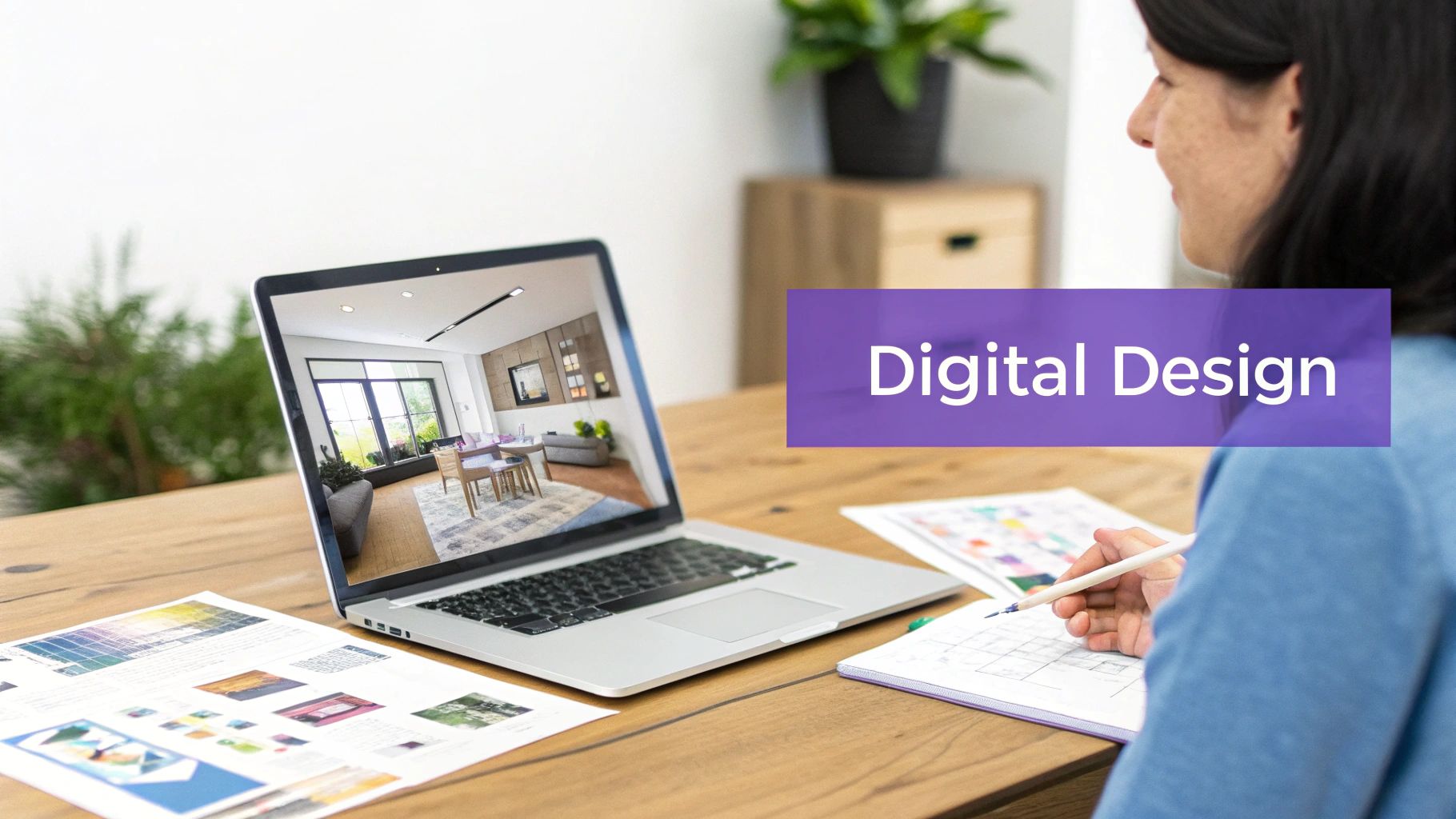 A person works on a laptop showing a digital interior design, sketching on paper, at a wooden desk.
