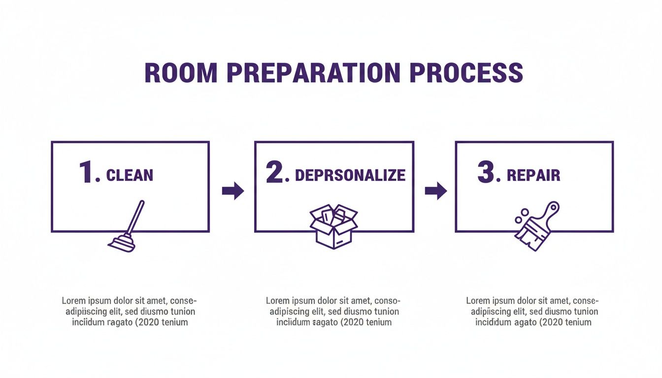 An infographic outlining a three-step room preparation process: cleaning, depersonalizing, and repairing, with illustrative icons.