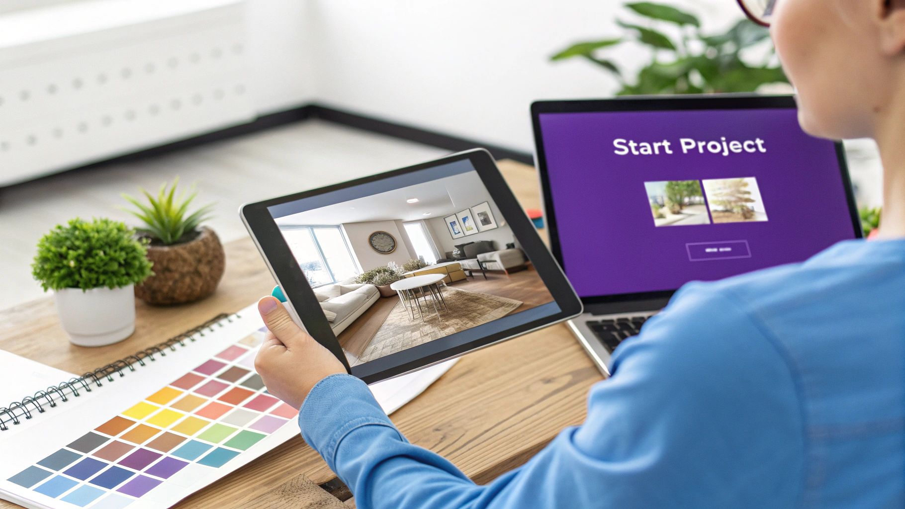 A person uses a tablet showing a virtual living room design, with a laptop and color palette on the desk.
