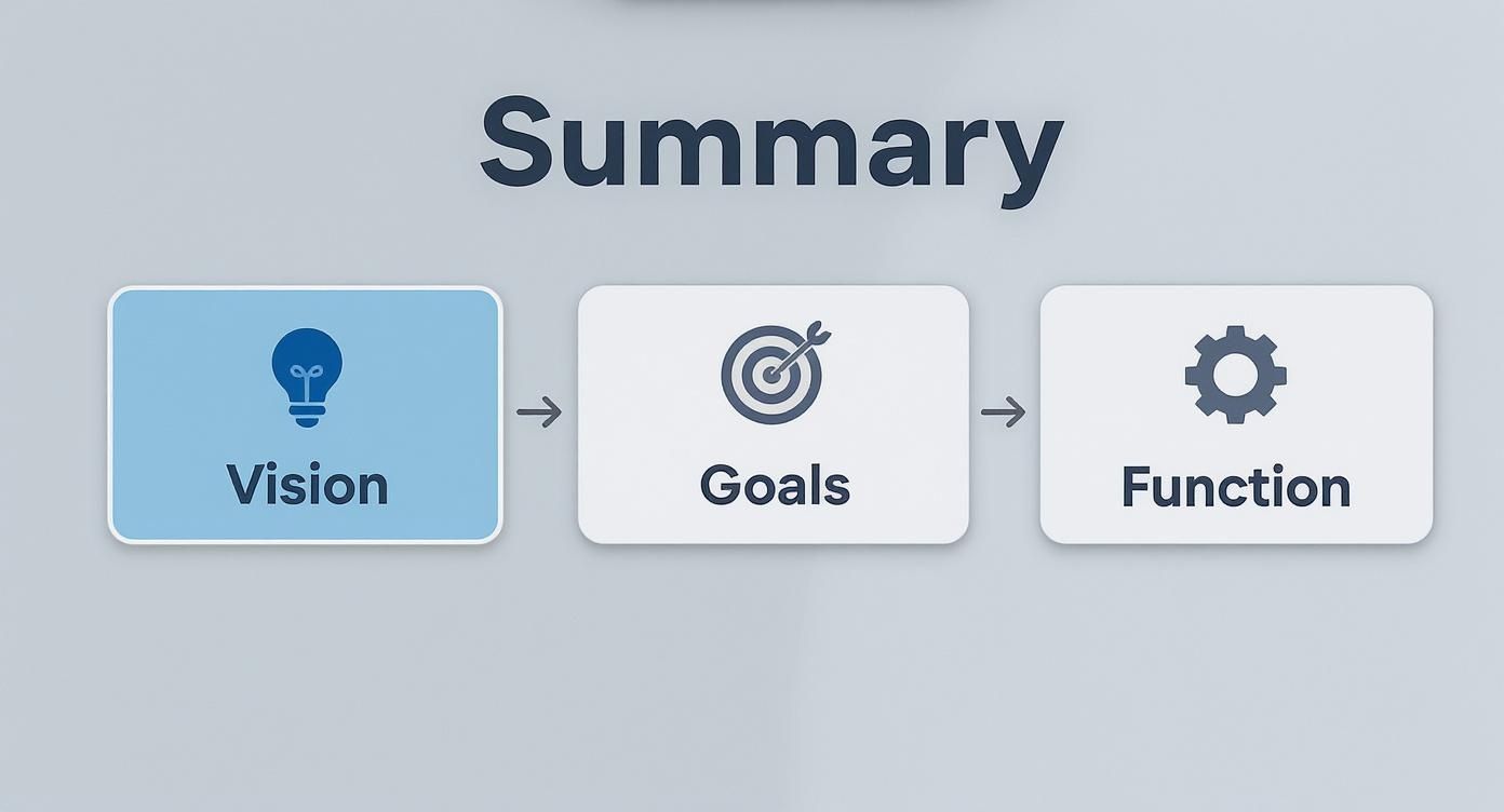A summary flowchart diagram illustrating the progression from Vision to Goals to Function with icons.