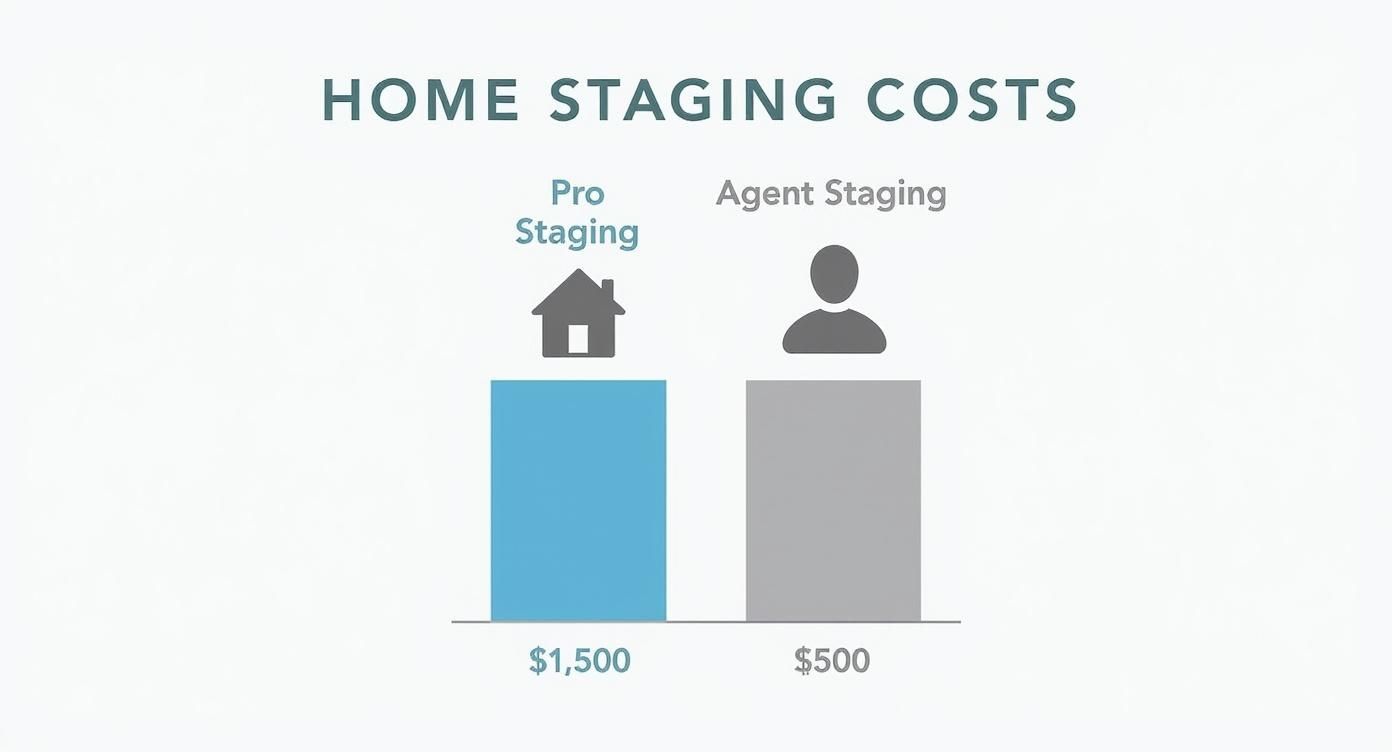 Infographic showing the cost difference between professional staging at $1,500 and agent-led staging at $500.