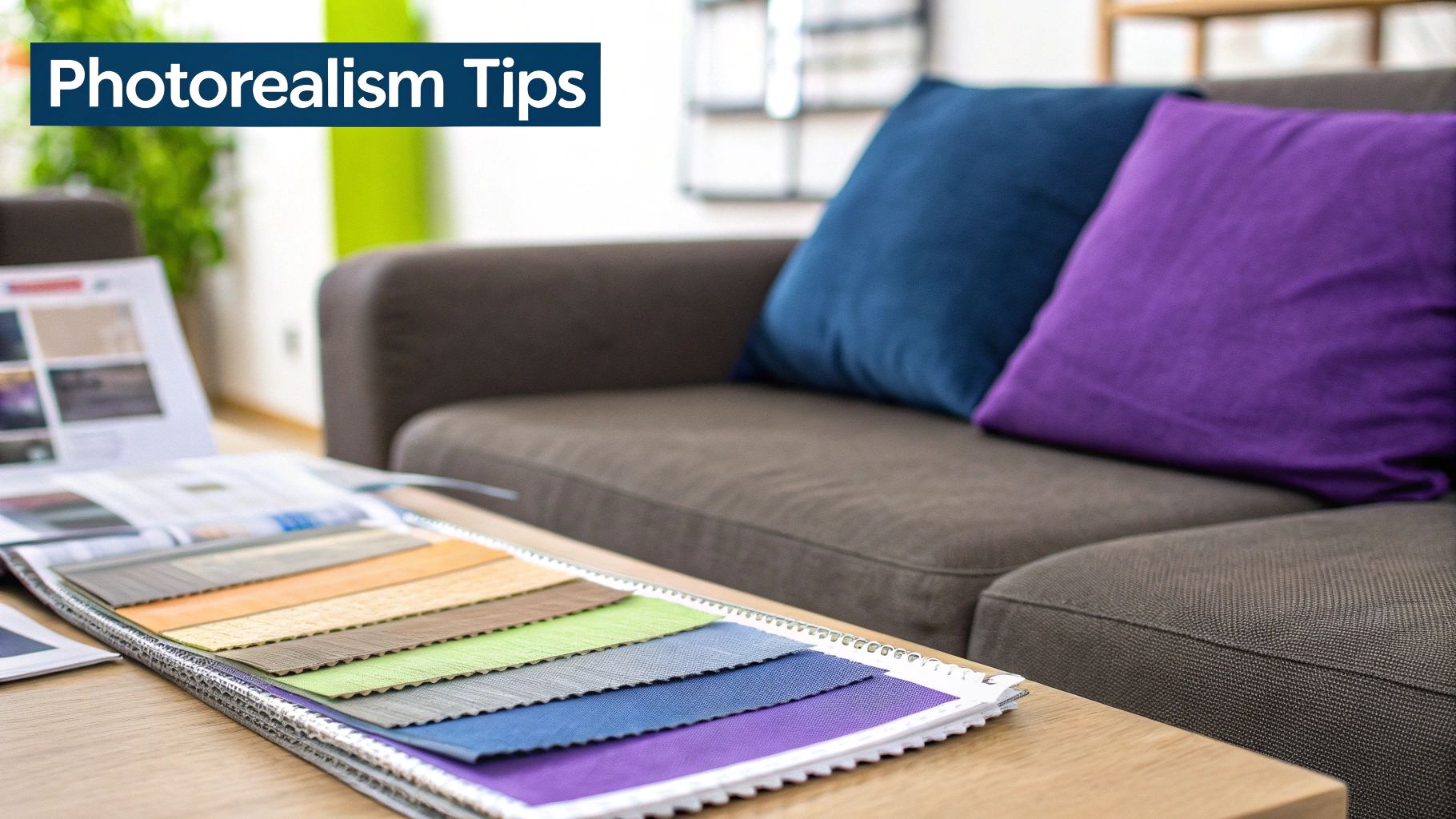 Photorealism tips text overlay on interior design scene with fabric swatches and gray sofa