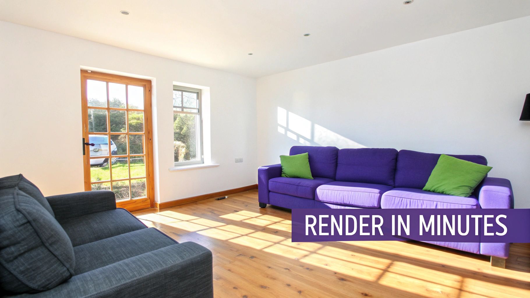 Spacious, sunlit living room with white walls, wooden floor, a purple sofa, and a grey sofa.
