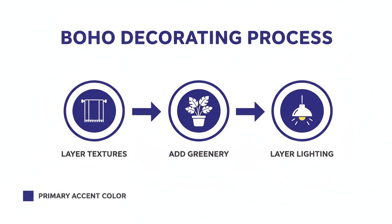An infographic showing the Boho decorating process: layer textures, add greenery, and layer lighting.
