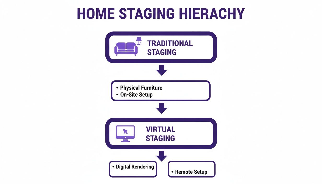 A flowchart illustrating the home staging hierarchy, comparing traditional and virtual staging methods.