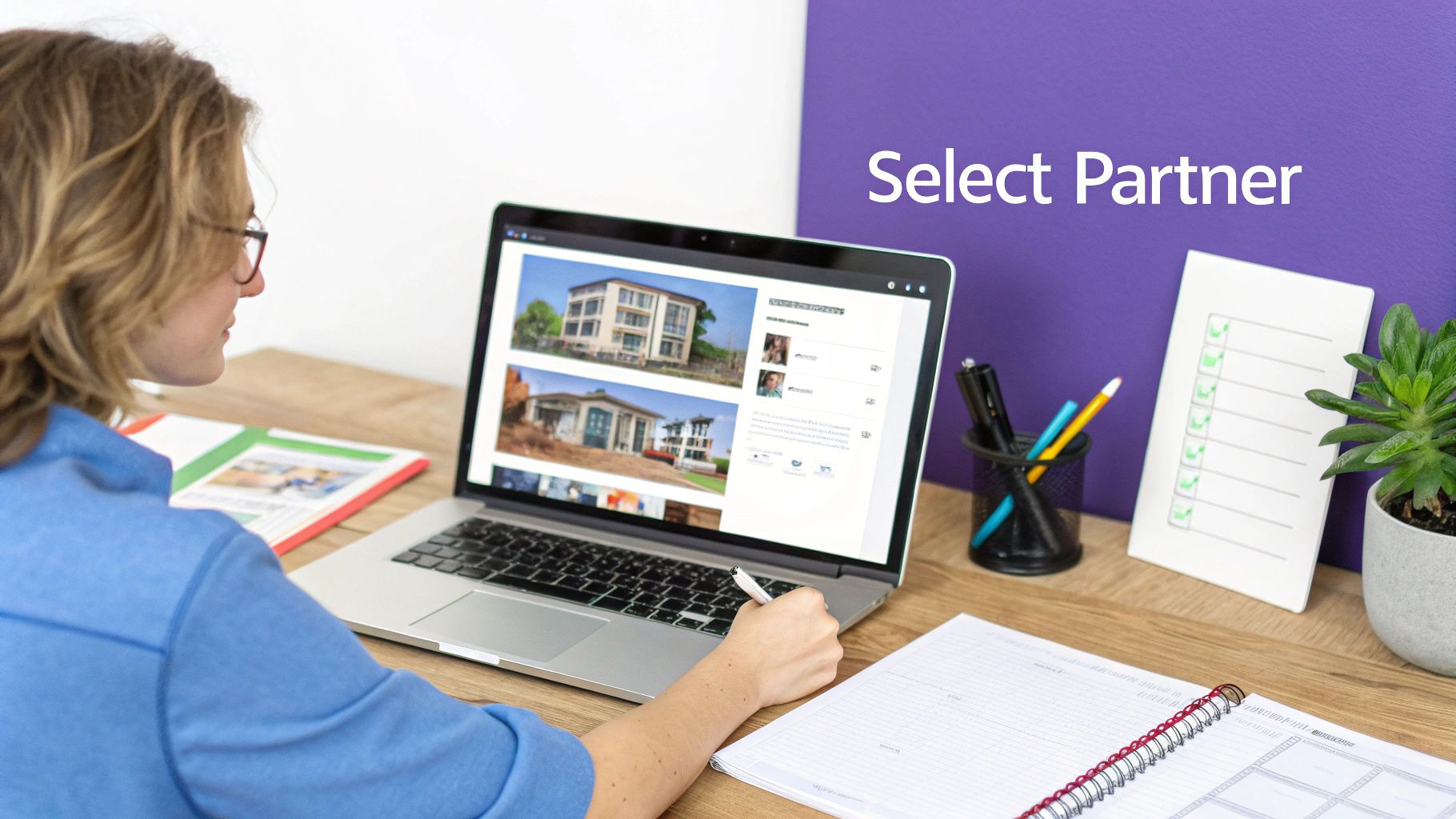 A person in glasses researches house designs on a laptop, with a notebook and pens on a wooden desk.