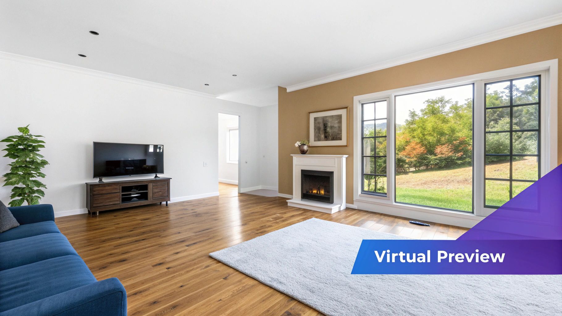 Spacious living room featuring a blue sofa, large TV, fireplace, and bright windows with a view.