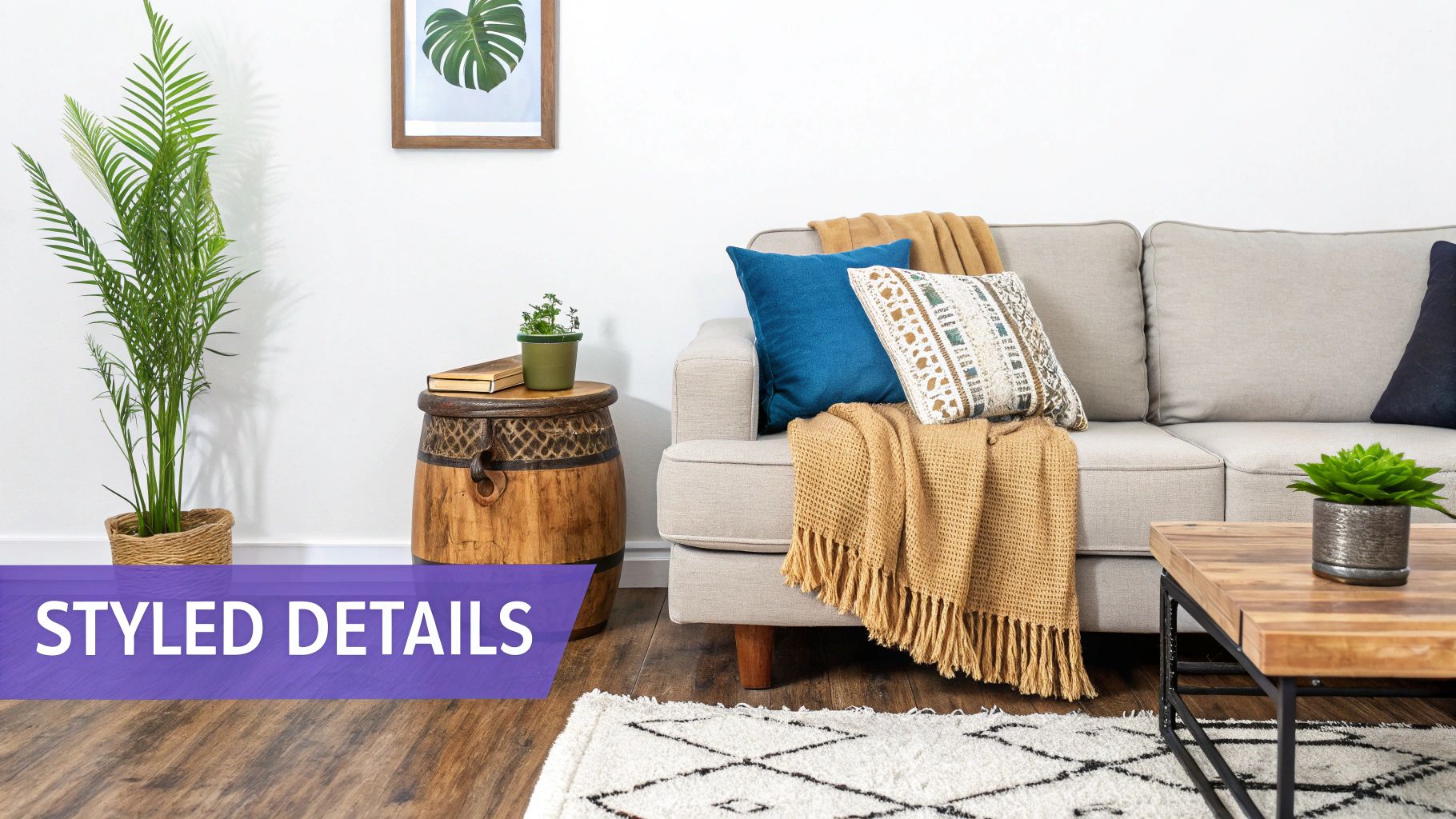 A cozy living room with a beige sofa, decorative pillows, blankets, plants, and rustic furniture.