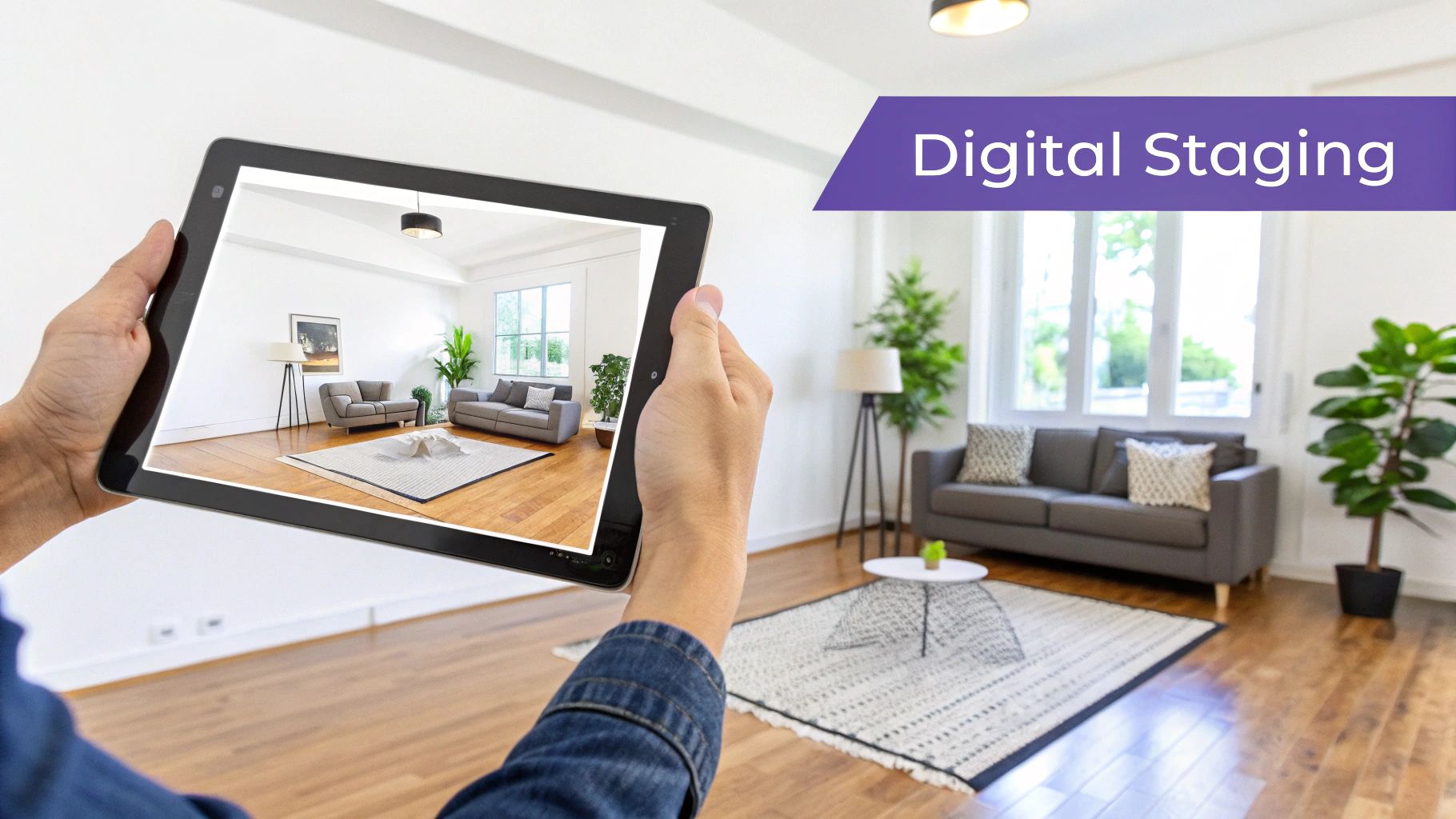 Hands hold a tablet displaying a a virtually staged living room, showing furniture in an empty space.