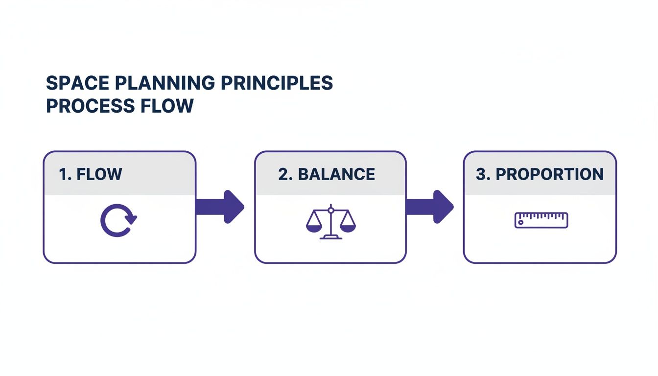 A three-step process flow illustrating space planning principles: Flow, Balance, and Proportion, with corresponding icons.